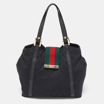 GUCCI Black GG Canvas Medium New Ladies Web Tote