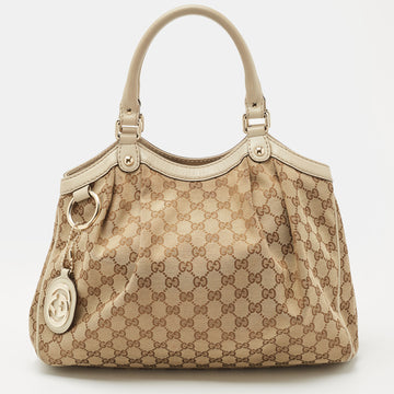 GUCCI Beige GG Canvas and Leather Medium Sukey Tote