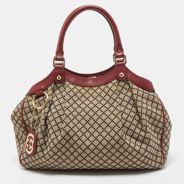 GUCCI Red/Beige GG Canvas and Leather Medium Sukey Tote