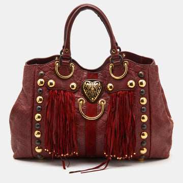 GUCCI Red Leather and Suede Large Studded Babouska Fringe Tote