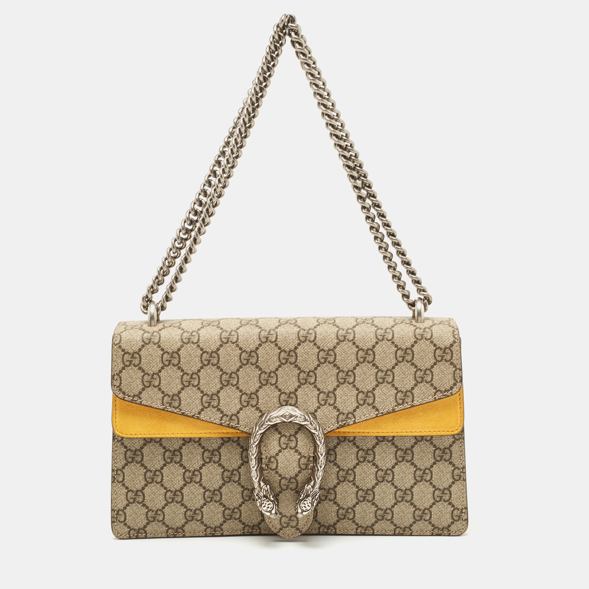 GUCCI Mustard Beige GG Supreme Canvas and Suede Small Dionysus Shoulde