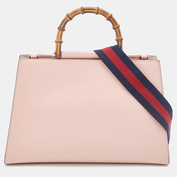 GUCCI Pink/White Leather Nymphaea Bamboo Top Handle Bag