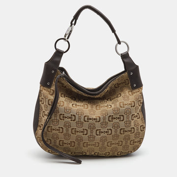 GUCCI Dark Brown/Beige Horsebit Canvas and Leather Hobo