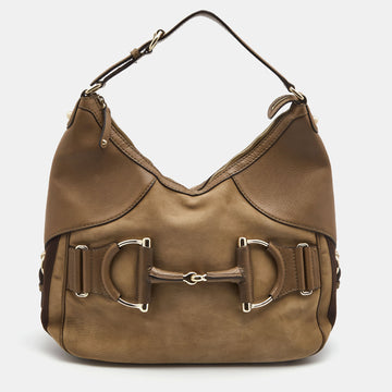 GUCCI Beige/Brown Leather Medium Web Horsebit Heritage Hobo