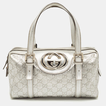 GUCCI Silver ssima Leather Britt Boston Bag