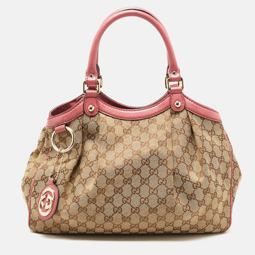 GUCCI Beige/Pink GG Canvas and Leather Medium Sukey Tote