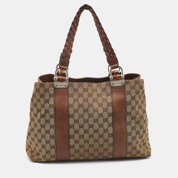 GUCCI Beige/Brown GG Canvas and Leather Medium Bamboo Bar Tote