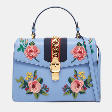 GUCCI Light Blue Floral Embroidered Leather Medium Sylvie Top Handle Bag