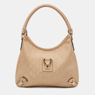 GUCCI Rose Gold/Beige GG Canvas and Leather Medium Abbey D-Ring Hobo