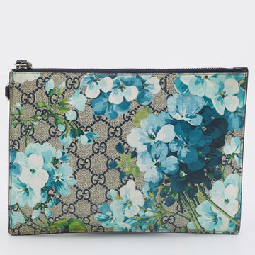 GUCCI Blue/Beige GG Supreme Canvas Blooms Zip Pouch