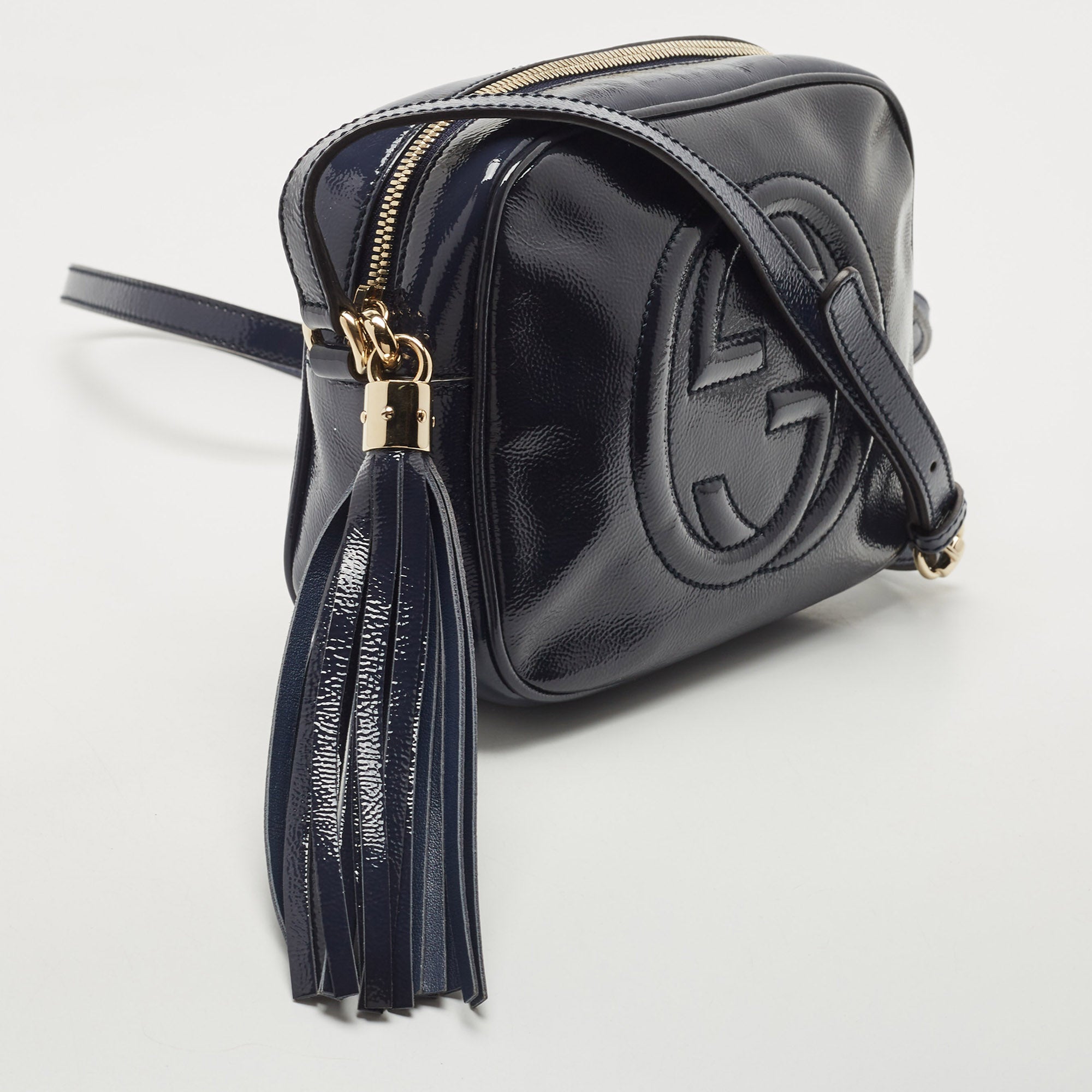 GUCCI Navy Blue Patent Leather Small Soho Disco Crossbody Bag