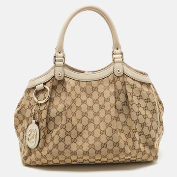 GUCCI Beige GG Canvas and Leather Medium Sukey Tote