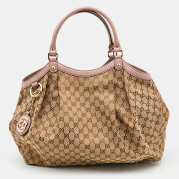 GUCCI Beige/Pink GG Canvas and Leather Large Sukey Tote