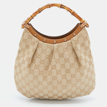 GUCCI Beige GG Canvas and Leather Bamboo Handle Hobo