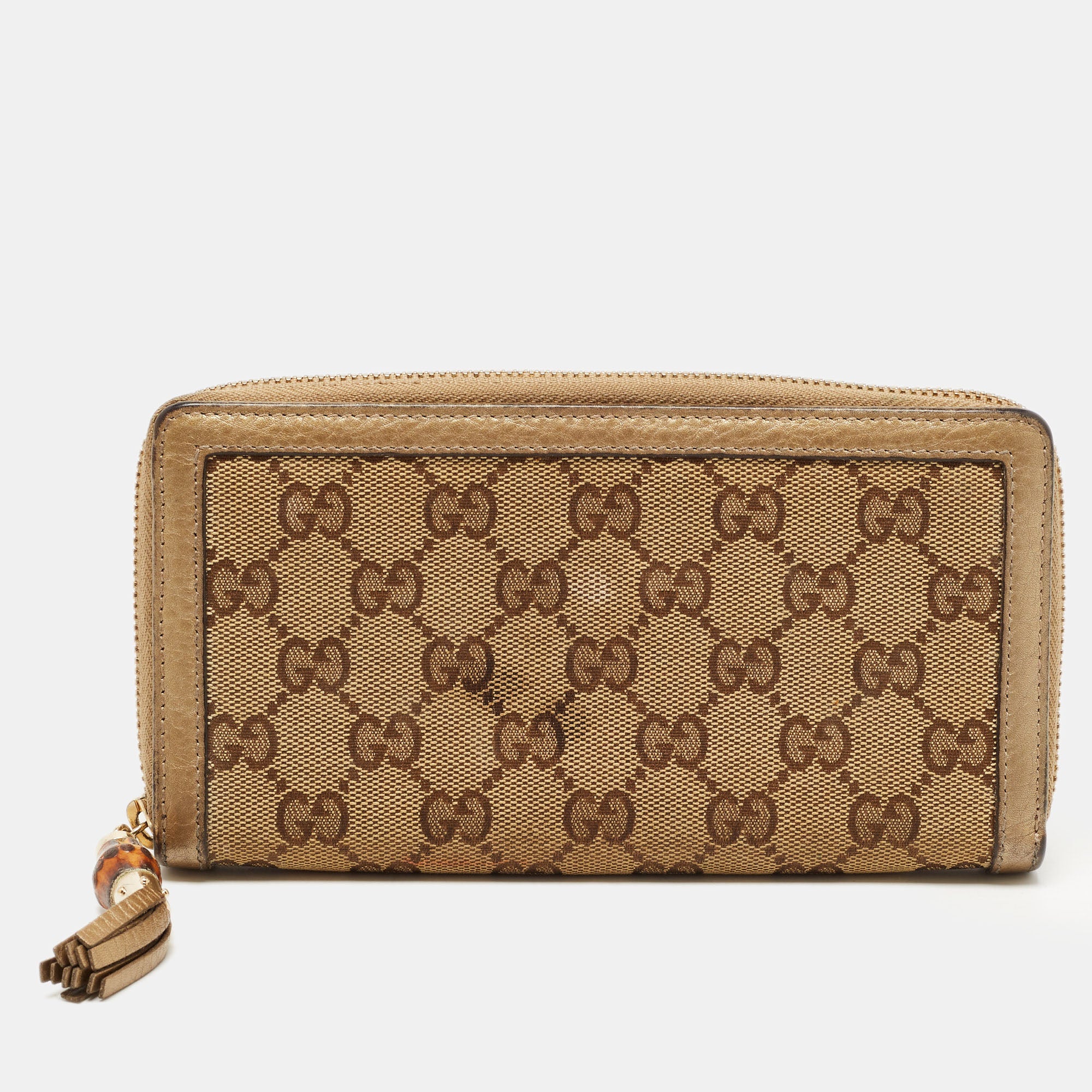 GUCCI Beige GG Canvas and Leather Bamboo Tassel Zip Around