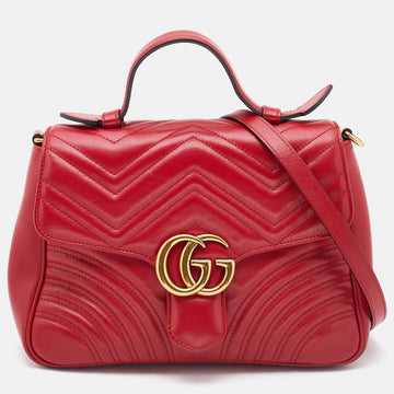 GUCCI Red Matelasse Leather Small GG Marmont Top Handle Bag