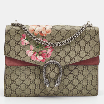 GUCCI Old Rose/Beige GG Supreme Canvas and Suede Medium Blooms Dionysus Shoulder Bag