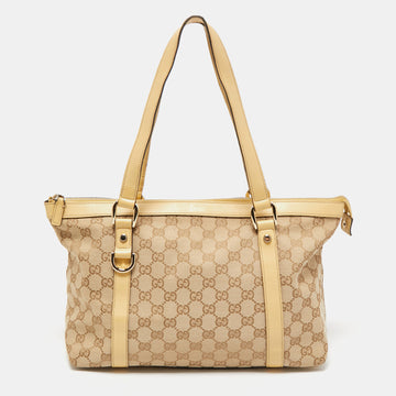 GUCCI Cream/Beige GG and Leather Canvas Medium Abbey Tote