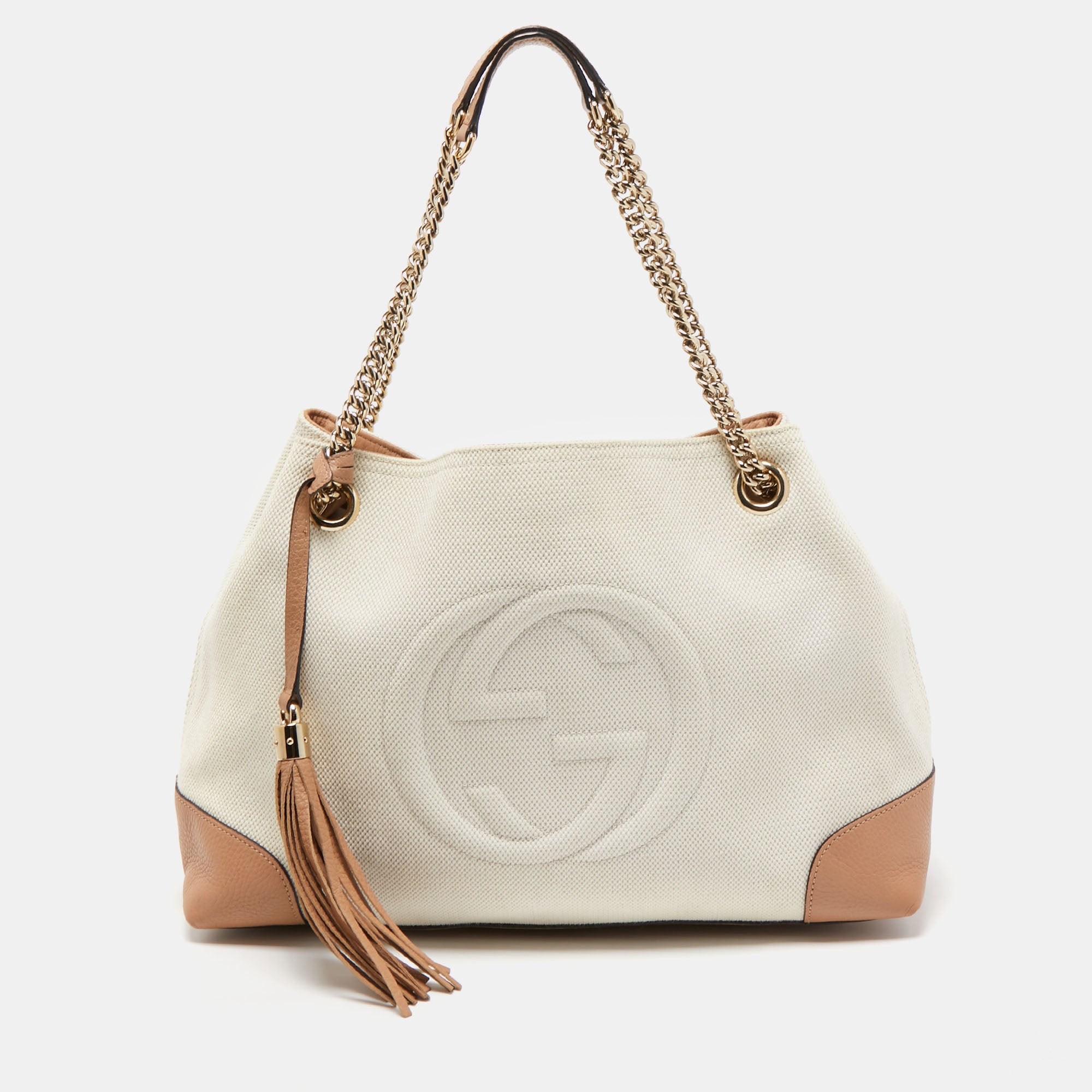 GUCCI Brown White Canvas and Leather Medium Soho Chain Tote