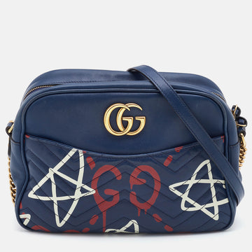 GUCCI Blue Graffiti Leather GG Marmont  Ghost Shoulder Bag