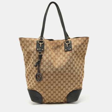 GUCCI Beige/Dark Green GG Canvas and Leather Large Charms Tote