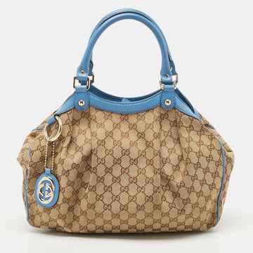 GUCCI Blue/Beige GG Canvas and Leather Medium Sukey Tote