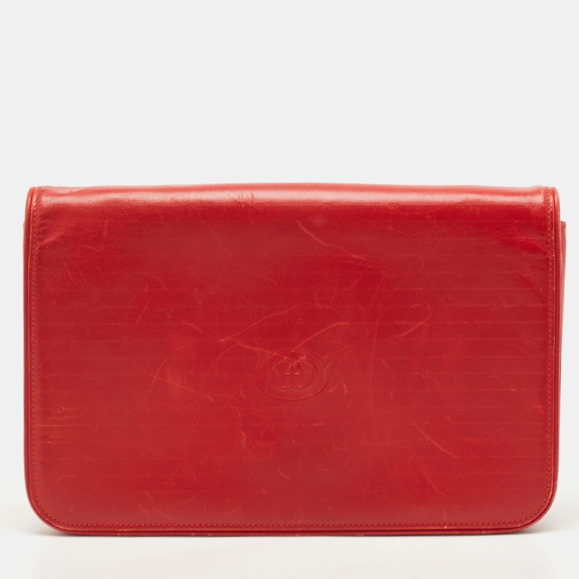 GUCCI Red Leather Interlocking G Embossed Leather Flap Clutch