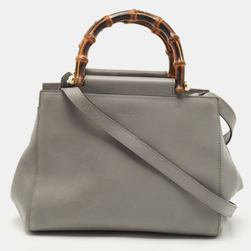 GUCCI Grey Leather Small Nymphaea Bamboo Tote