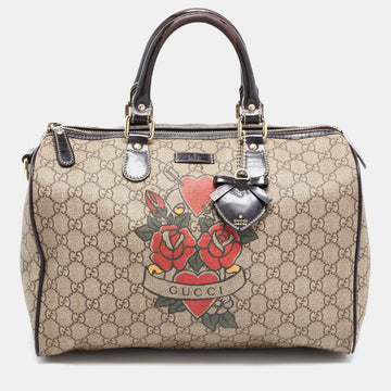 GUCCI Beige/Brown GG Supreme Canvas and Patent Leather Medium Tattoo Heart Joy Boston Bag