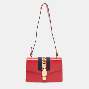 GUCCI Red Leather Small Sylvie Web Shoulder Bag