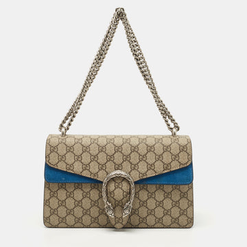 GUCCI Blue/Beige GG Supreme Canvas and Suede Small Dionysus Shoulder Bag