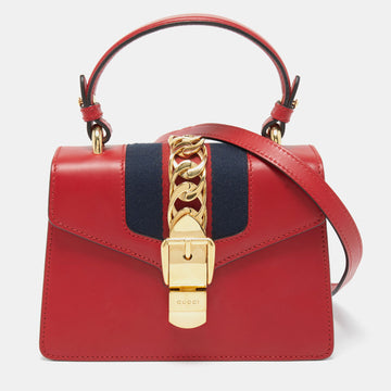 GUCCI Red Leather Mini Web Chain Sylvie Top Handle Bag