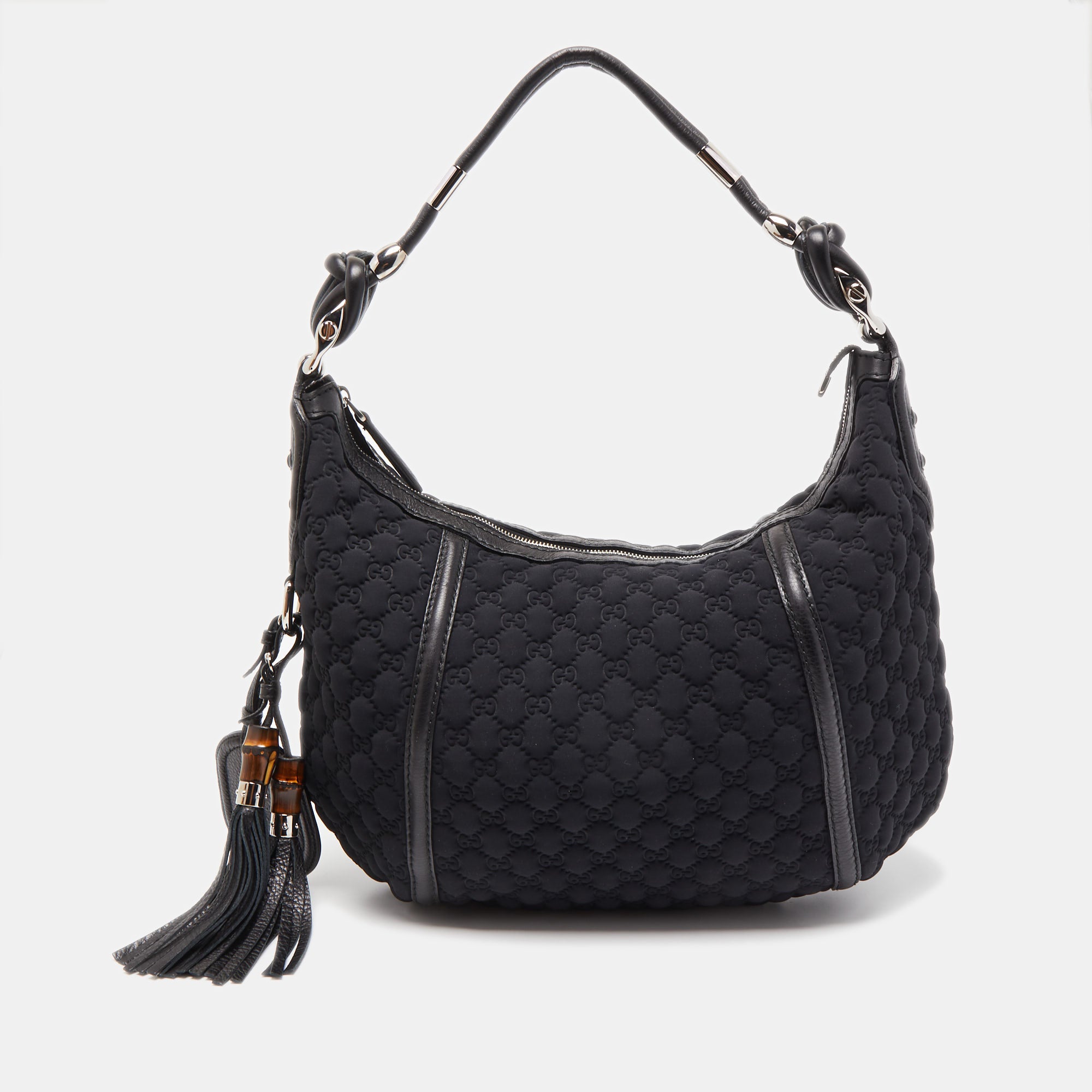 GUCCI Black GG Neoprene and Leather Tassel Detail Hobo