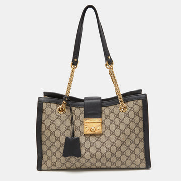 GUCCI Beige/Black GG Supreme Canvas and Leather Medium Padlock Tote