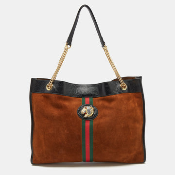 GUCCI Brown/Black Suede and Patent Leather Large Rajah Tote