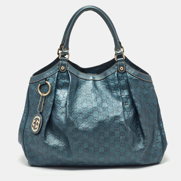 GUCCI Metallic Blue ssima Leather Large Sukey Tote