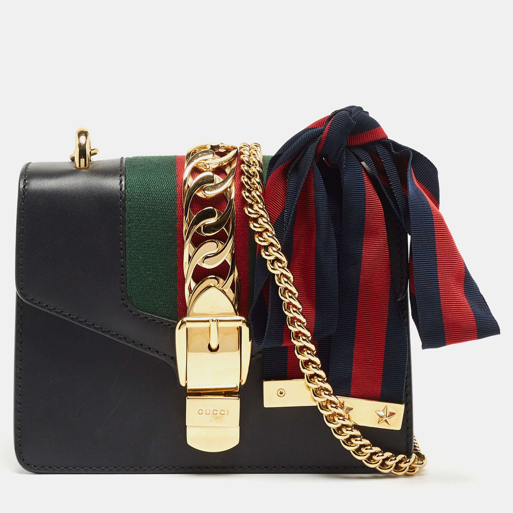 GUCCI Black Leather Mini Web Chain Sylvie Crossbody Bag