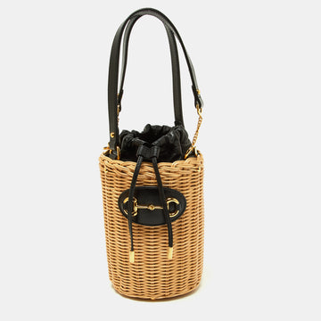 GUCCI Beige/Black Wicker and Leather Horsebit 1955 Bucket Bag