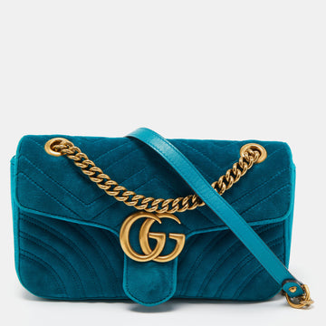 GUCCI Green Matelasse Velvet Small GG Marmont Shoulder Bag