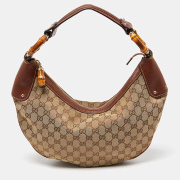 GUCCI Beige GG Canvas and Leather Web Bamboo Ring Hobo