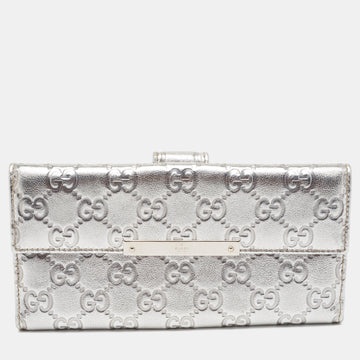 GUCCI Silver ssima Leather Flap Continental Wallet