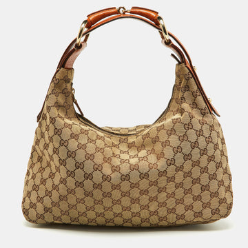 GUCCI Beige/Brown GG Canvas and Leather Horsebit Handle Hobo