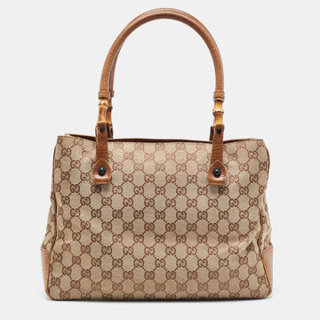 GUCCI Brown/Beige GG Canvas And Leather Bamboo Tote