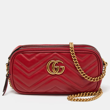 GUCCI Red Matelasse Leather Mini GG Marmont Chain Crossbody Bag