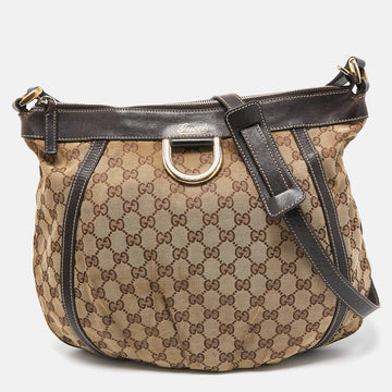 GUCCI Beige/Brown GG Canvas and Leather D Ring Hobo