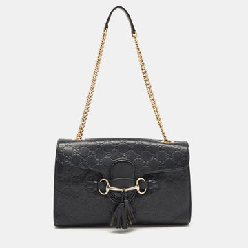GUCCI Black sima Leather Medium Emily Shoulder Bag