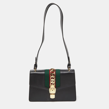 GUCCI Black Leather Small Web Sylvie Shoulder Bag