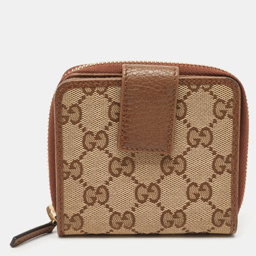 GUCCI Brown/Beige GG Canvas Leather Zip Around Compact Wallet