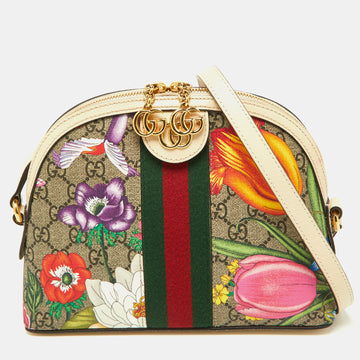 GUCCI Off White/Beige Floral GG Supreme Canvas Small Ophidia Shoulder Bag