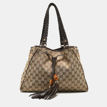 GUCCI Dark Brown/Beige GG Canvas and Leather Medium Peggy Shoulder Bag